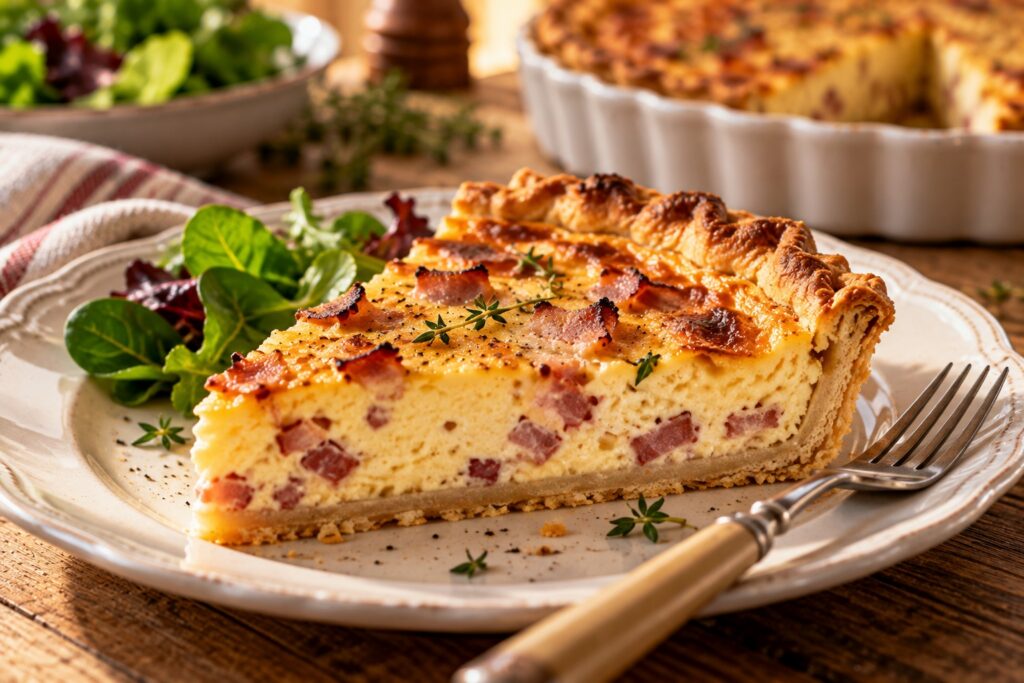 Dílek quiche lorraine se slaninou a vaječným krémem na talíři s vidličkou