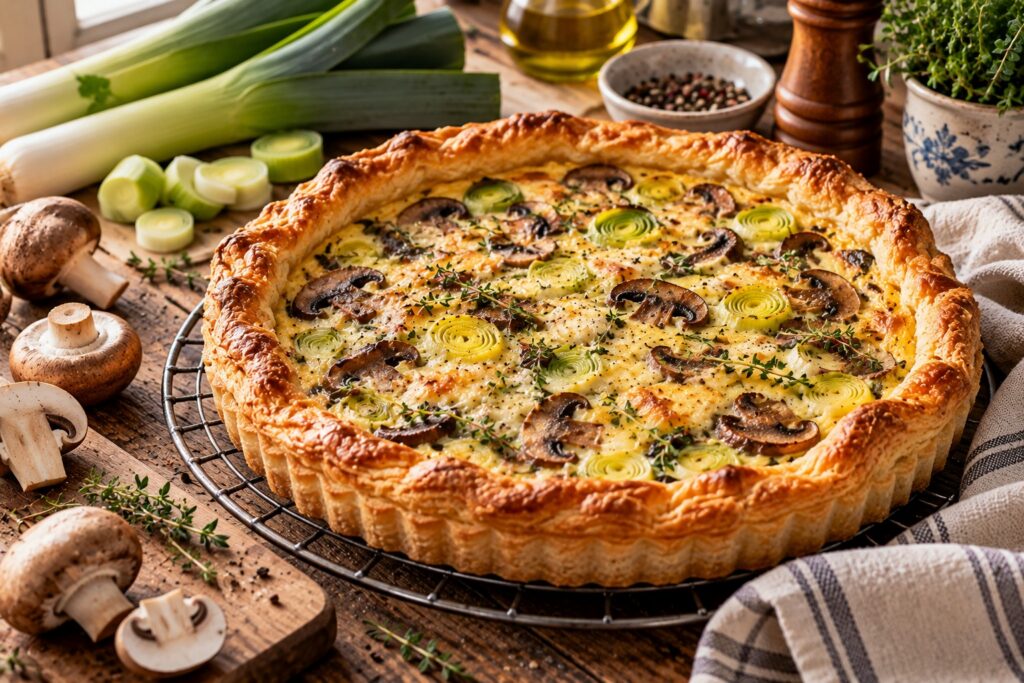 Quiche s pórkem a žampiony z listového těsta na mřížce, vedle čerstvý pórek a houby