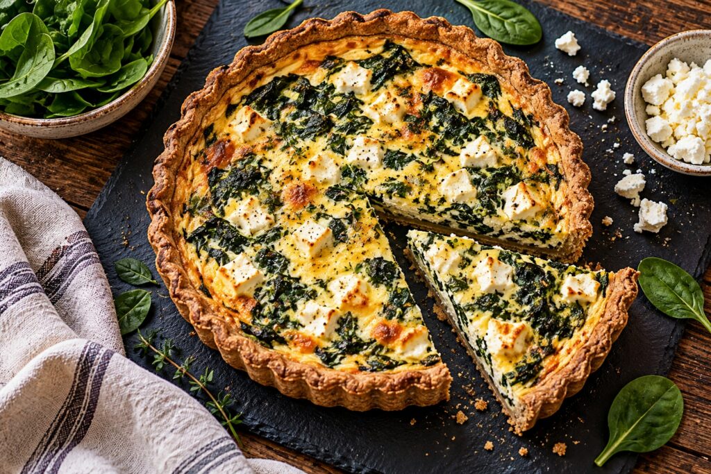 Quiche se špenátem a balkánským sýrem na celozrnném těstě na břidlicovém prkénku